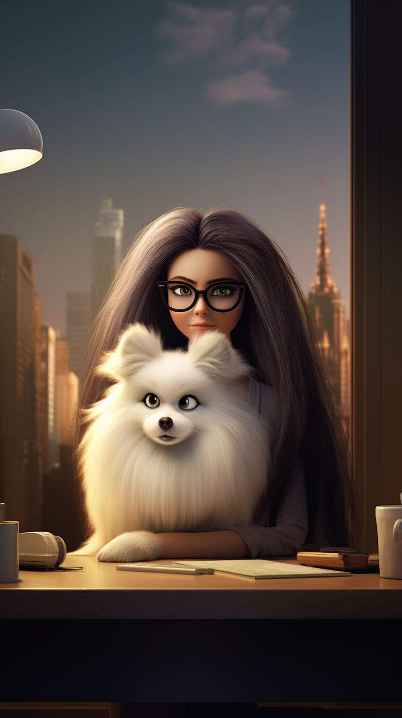 Young woman working at desk with laptop and fluffy pomeranian