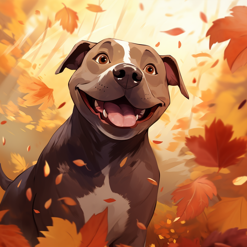 Adorable Bullterrier with Autumn Leaves