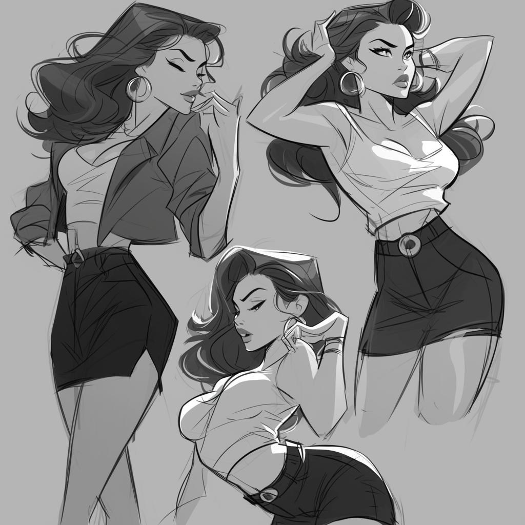 Woman in dynamic Disney sketch poses