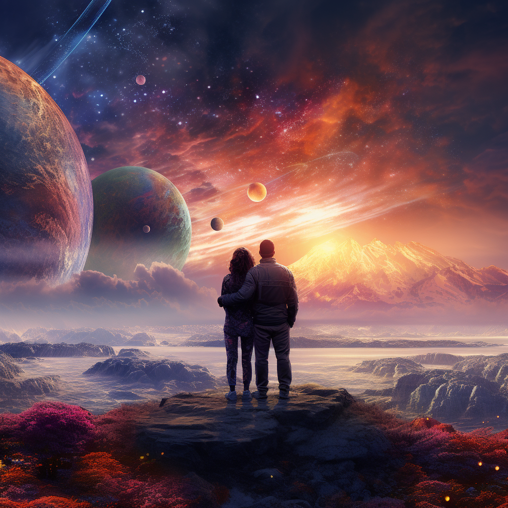 Loving couple on colorful planet