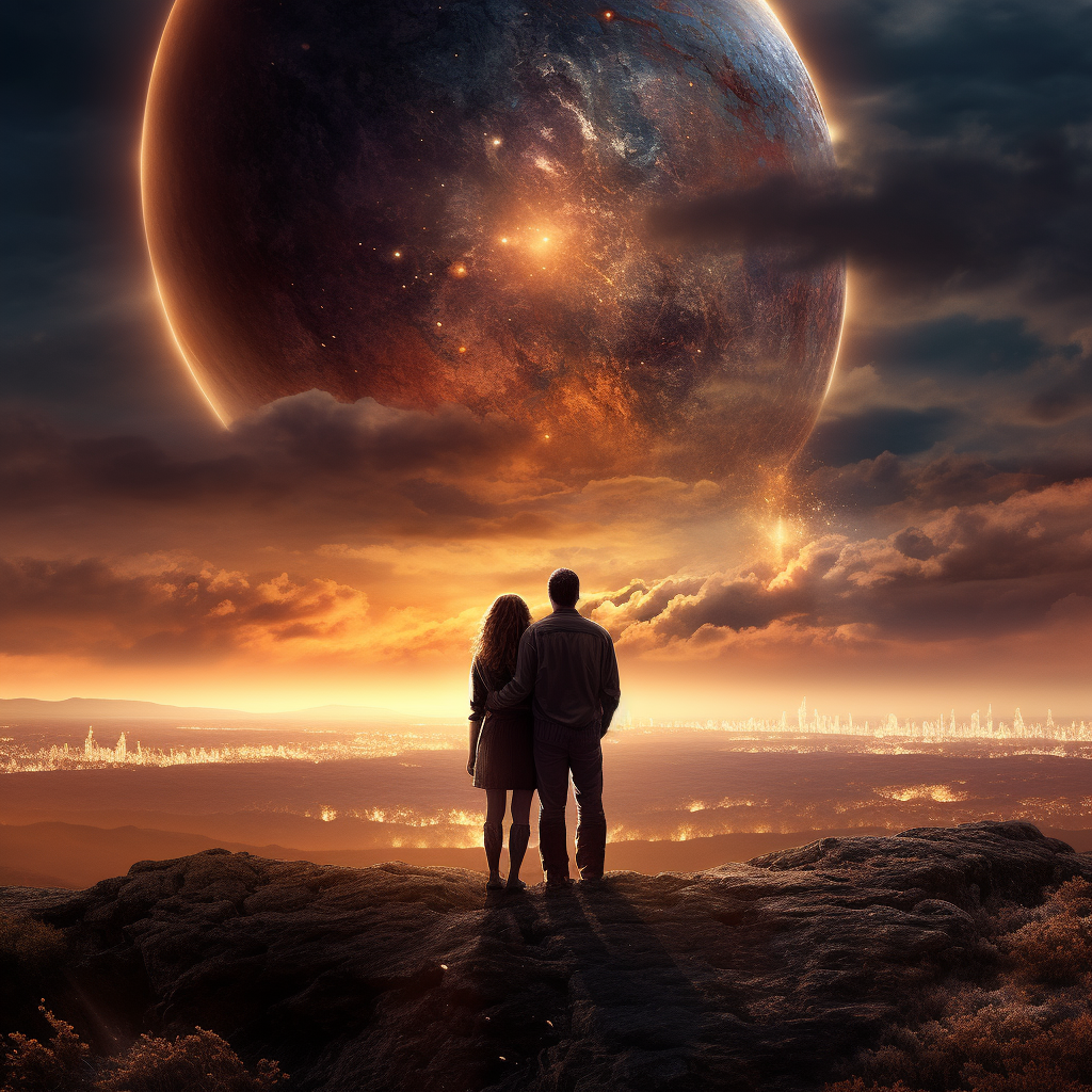 Couple hugging on distant planet