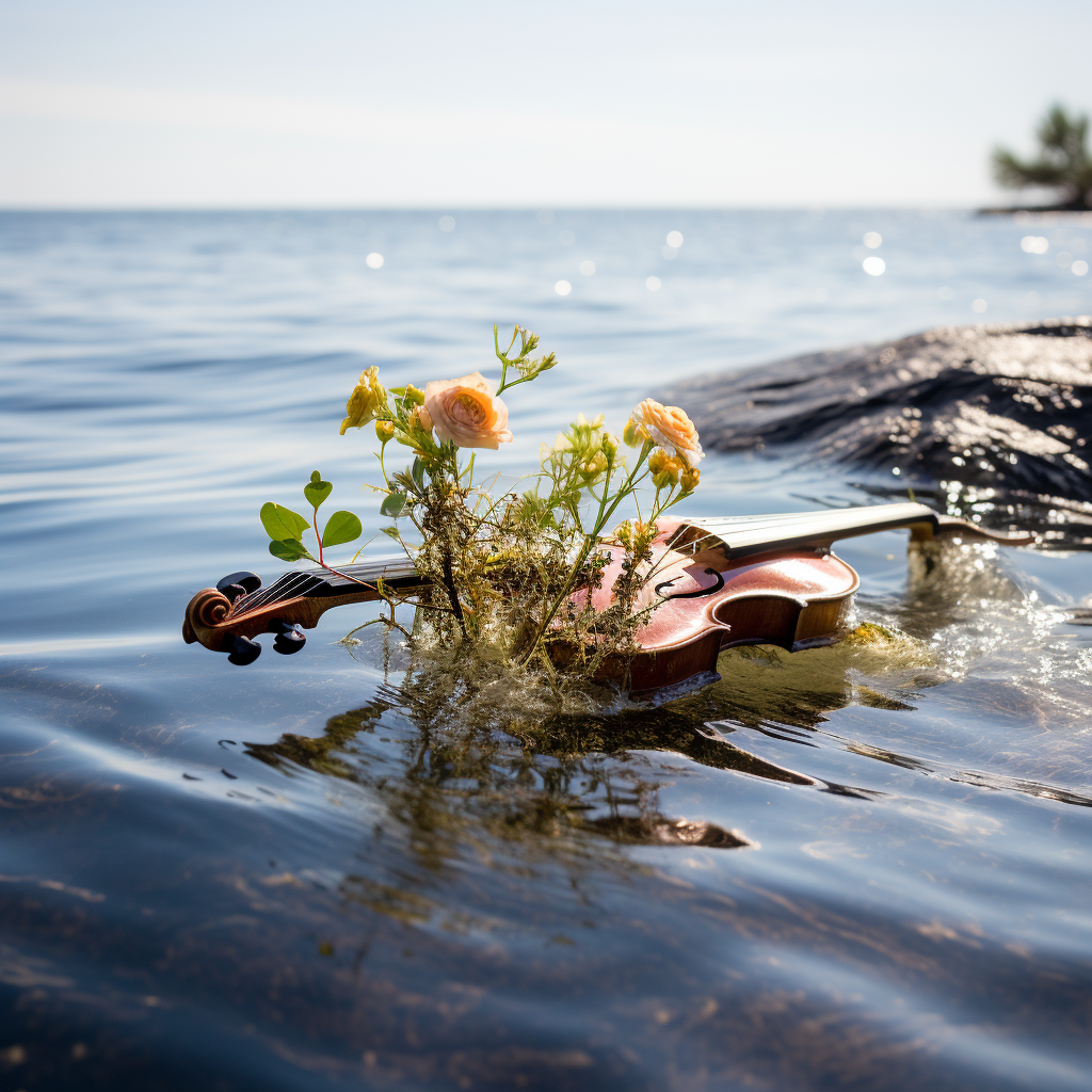 A half-submerged violin on island