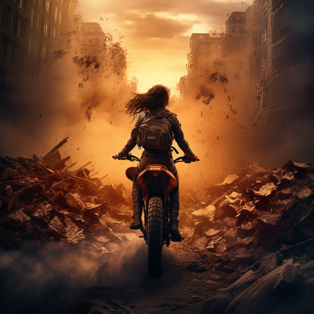 Female super villain on motorcycle in post-apocalyptic streets