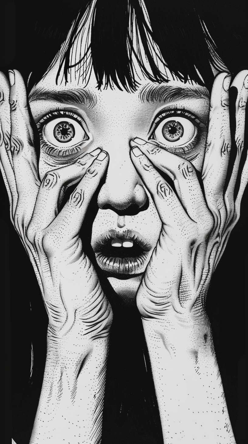 Junji Ito girl covering distorted face