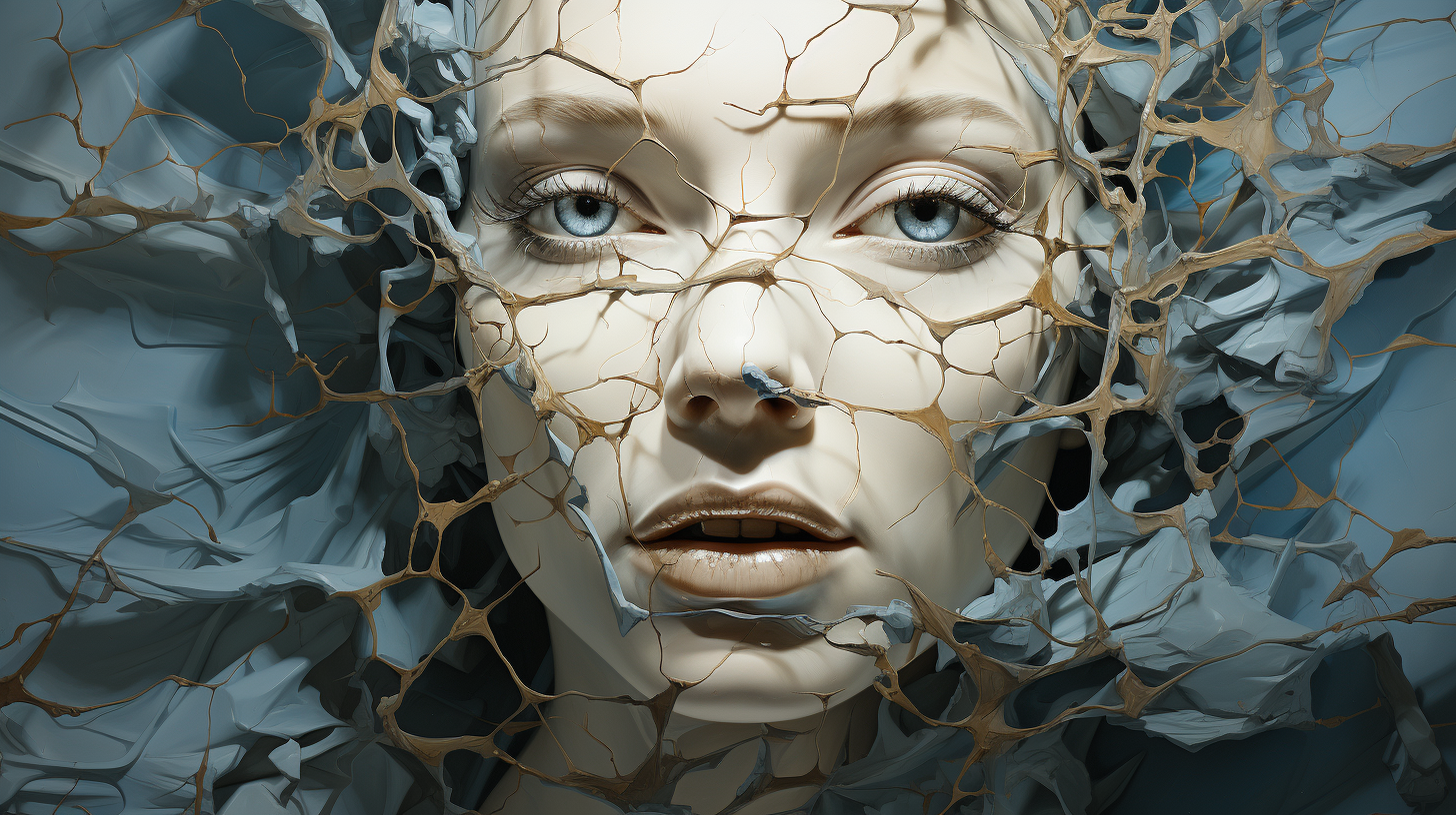 Distorted face with multiple eyes in surreal oil painting