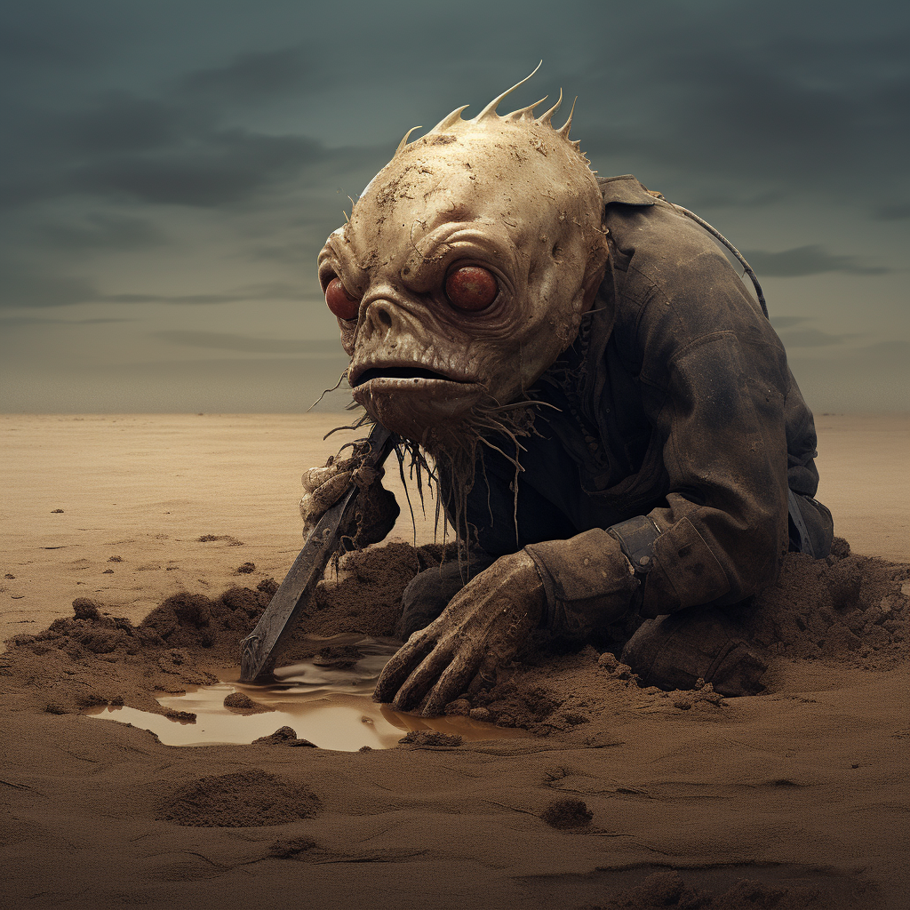 Distraught humanoid fish burying bones in mud