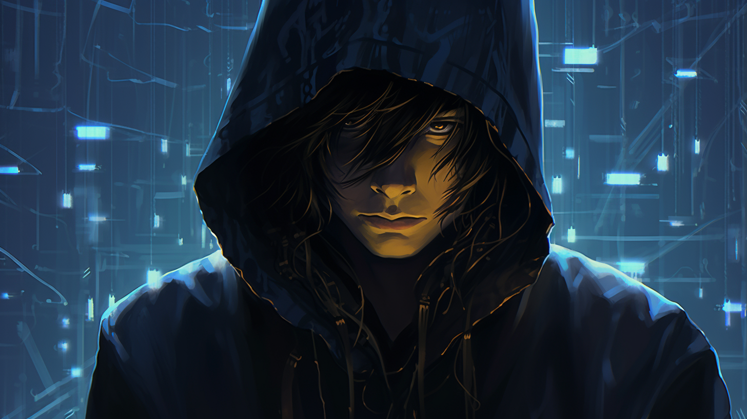 Distressed hooded monk unlocking reality with quantum computer