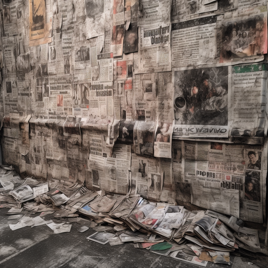 Distressed newspapers and punk magazine on wall