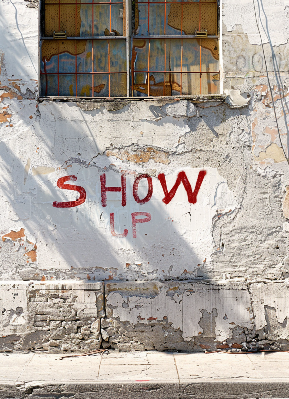 Distressed stucco wall red graffiti