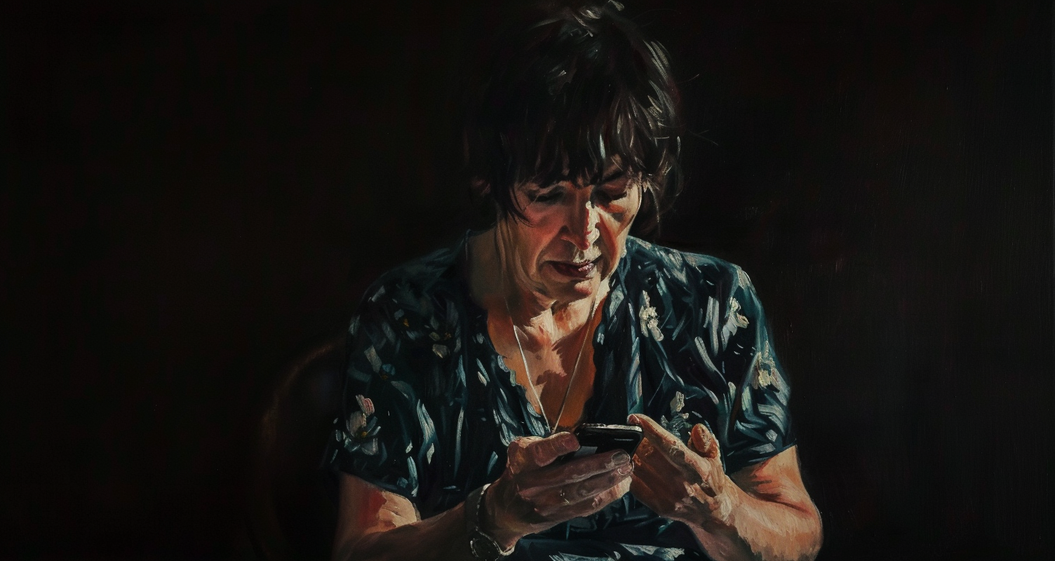 Distressed woman holding phone in dark room