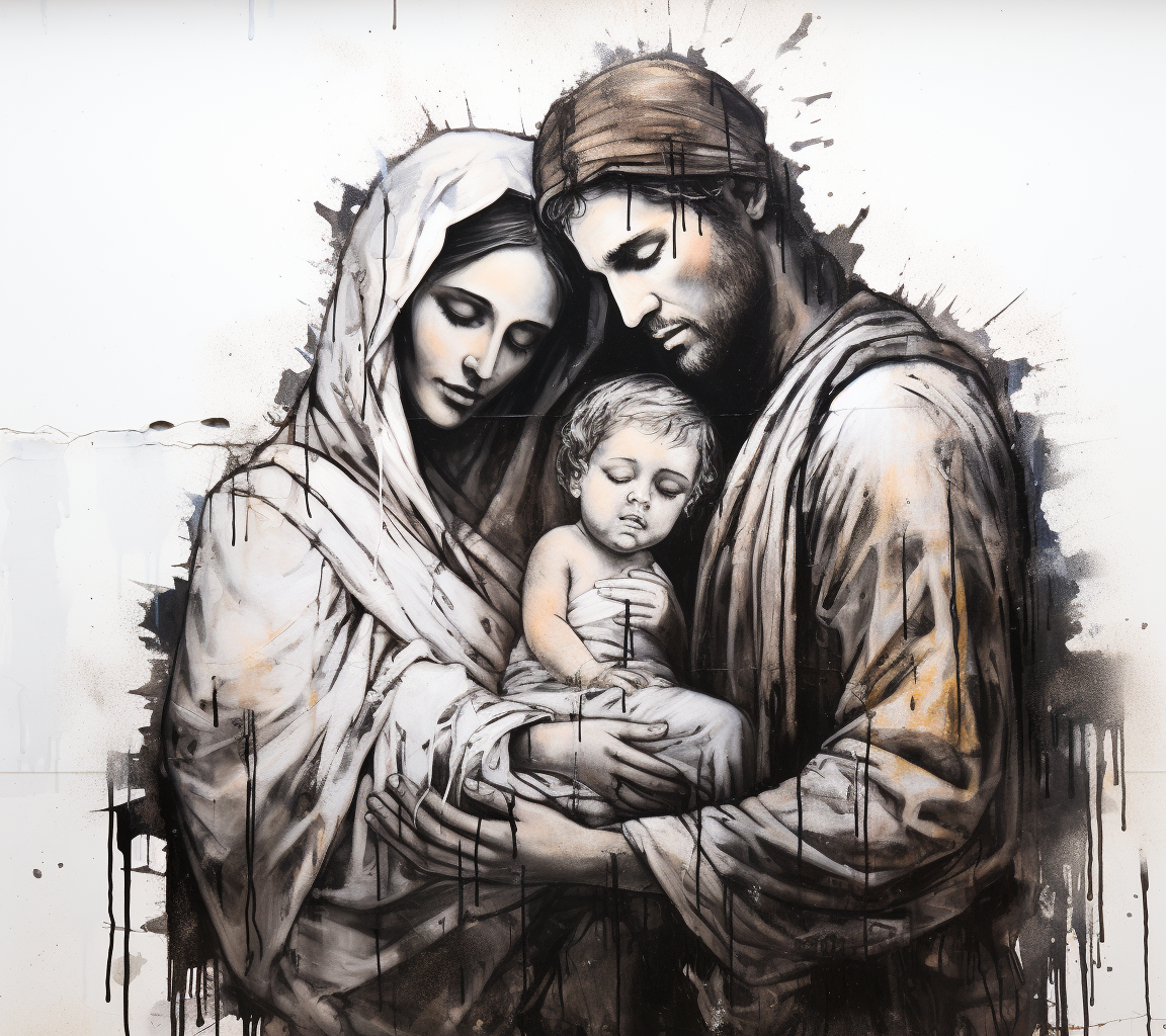 Graffiti drawing of Mary, Joseph, and Baby Jesus