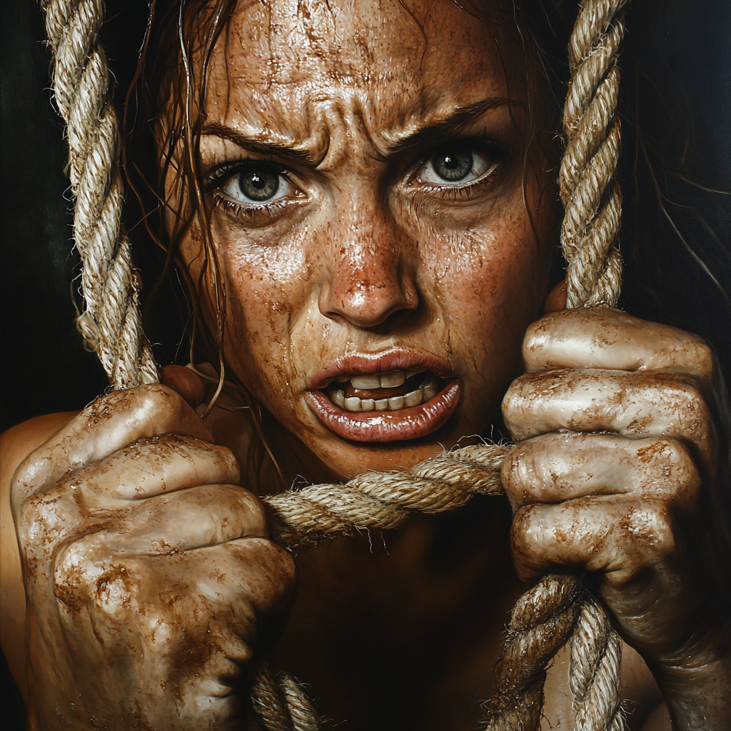 Woman holding rope with teeth