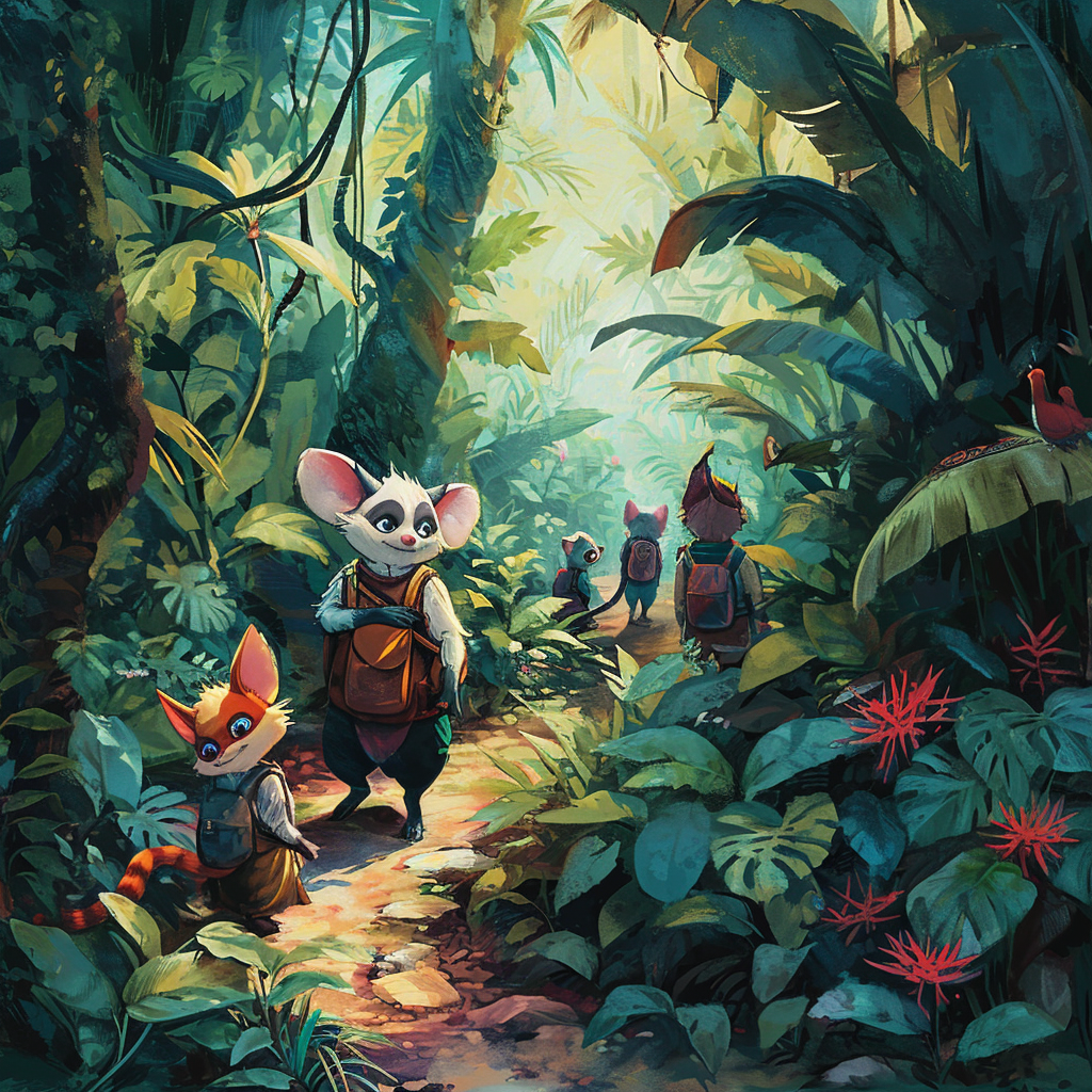 Colorful anthropomorphic jungle animals in rainforest