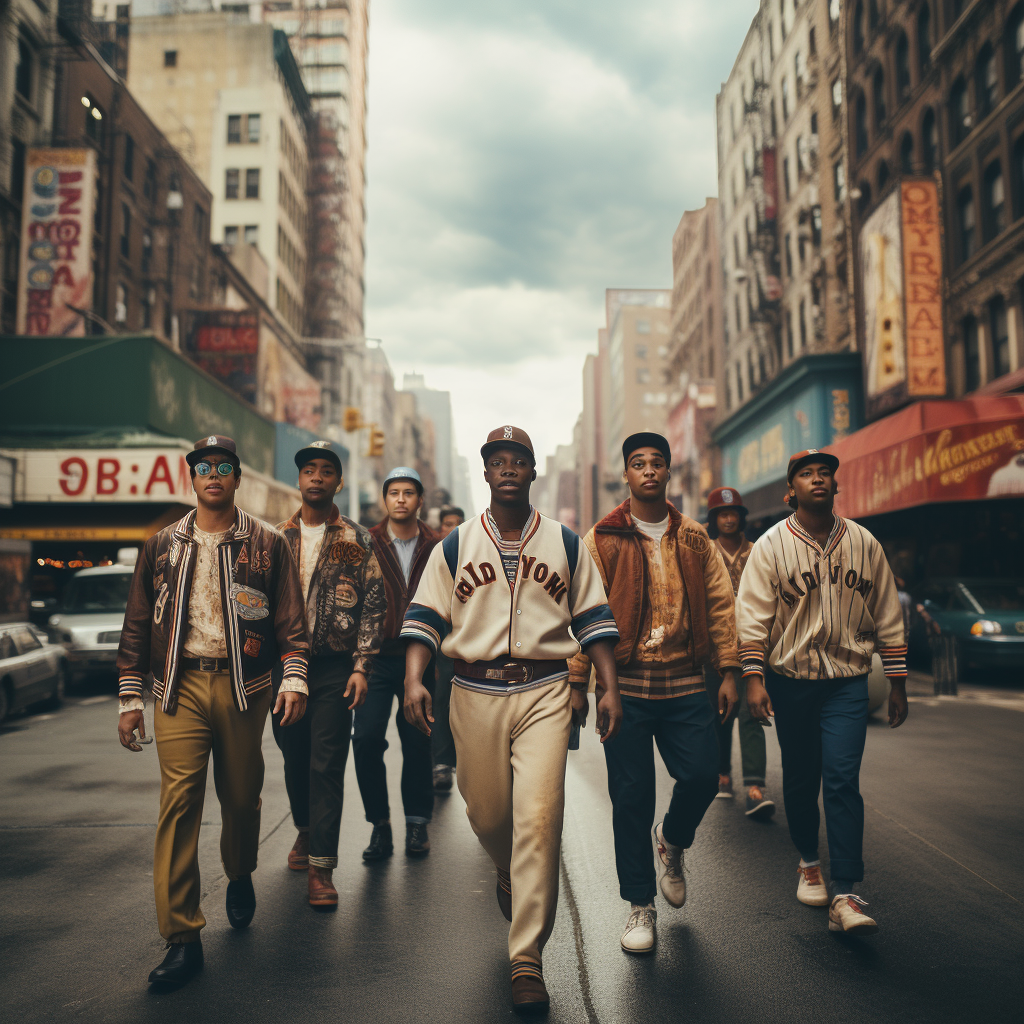 Diverse baseball players walking in a vintage city