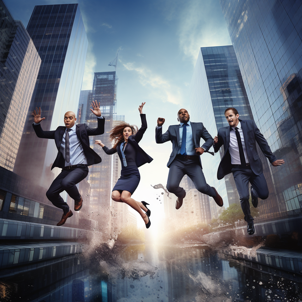 Diverse business team jumping across gap