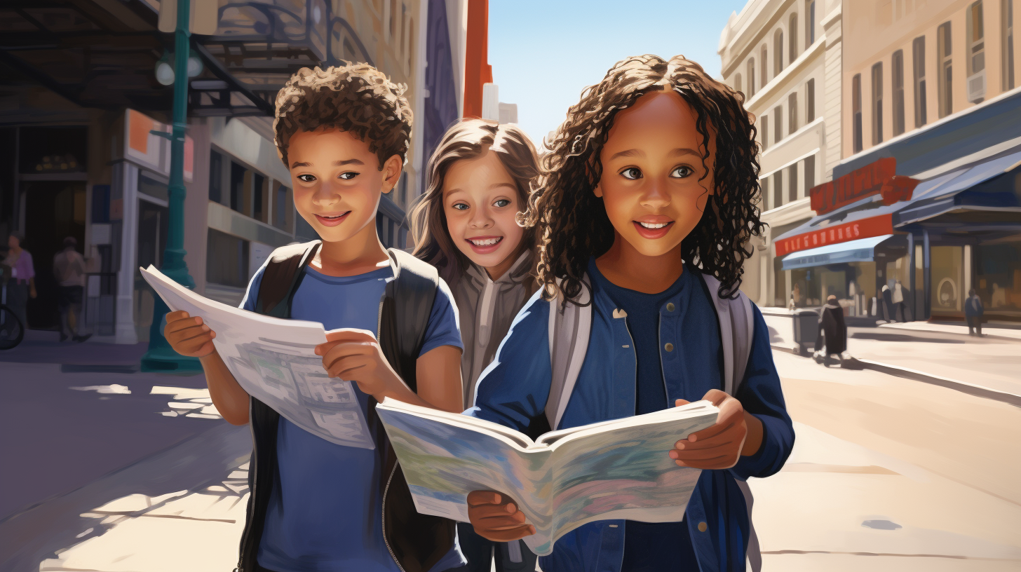 Diverse Children Holding Blue Pamphlets in City