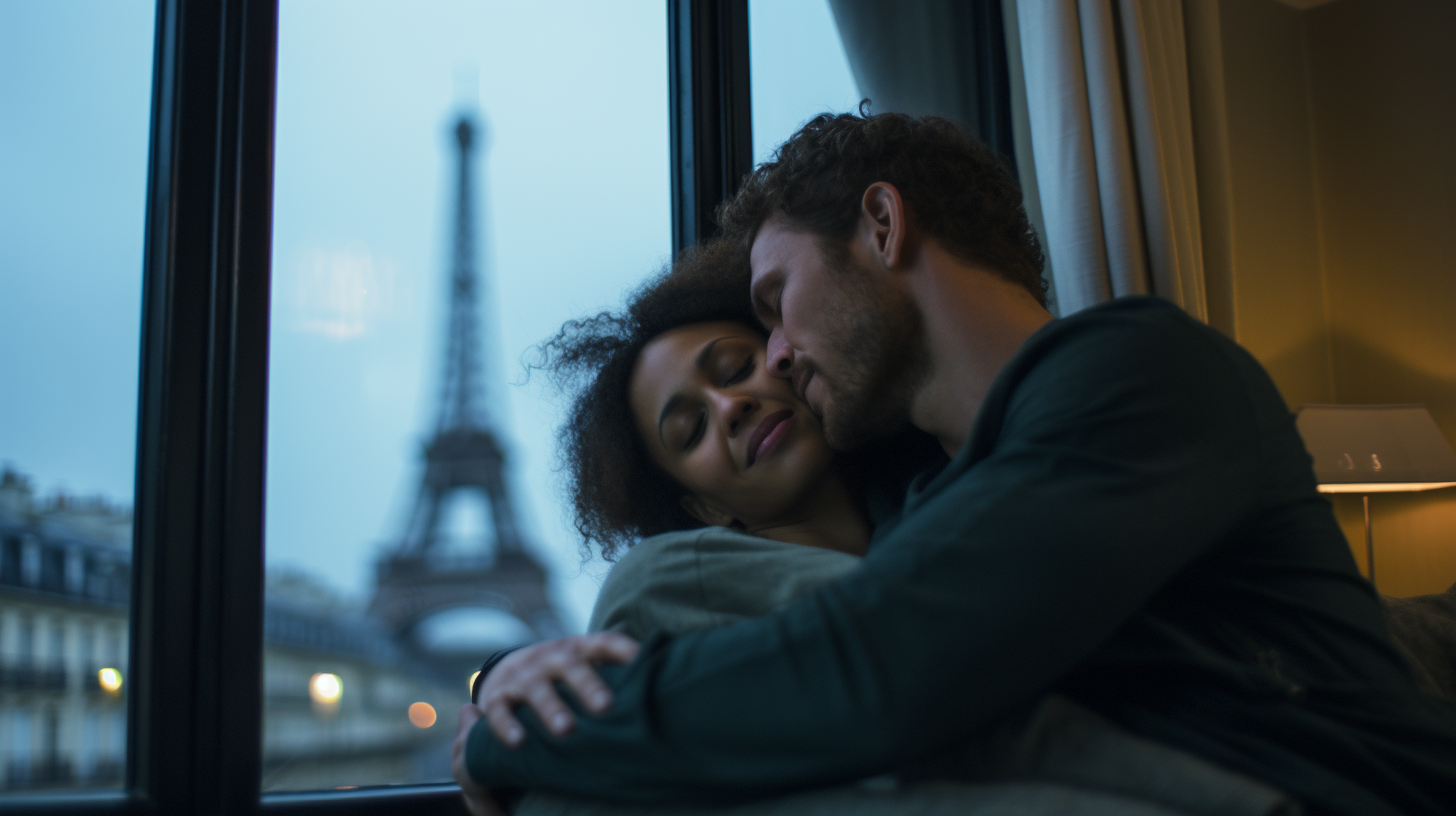 Diverse couple cuddling in rainy Paris