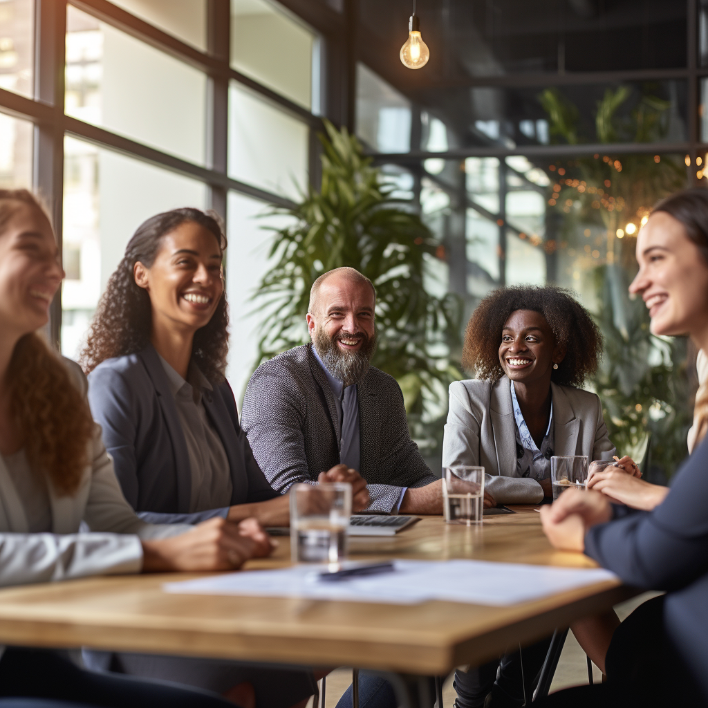 Executive team meeting, diverse professionals