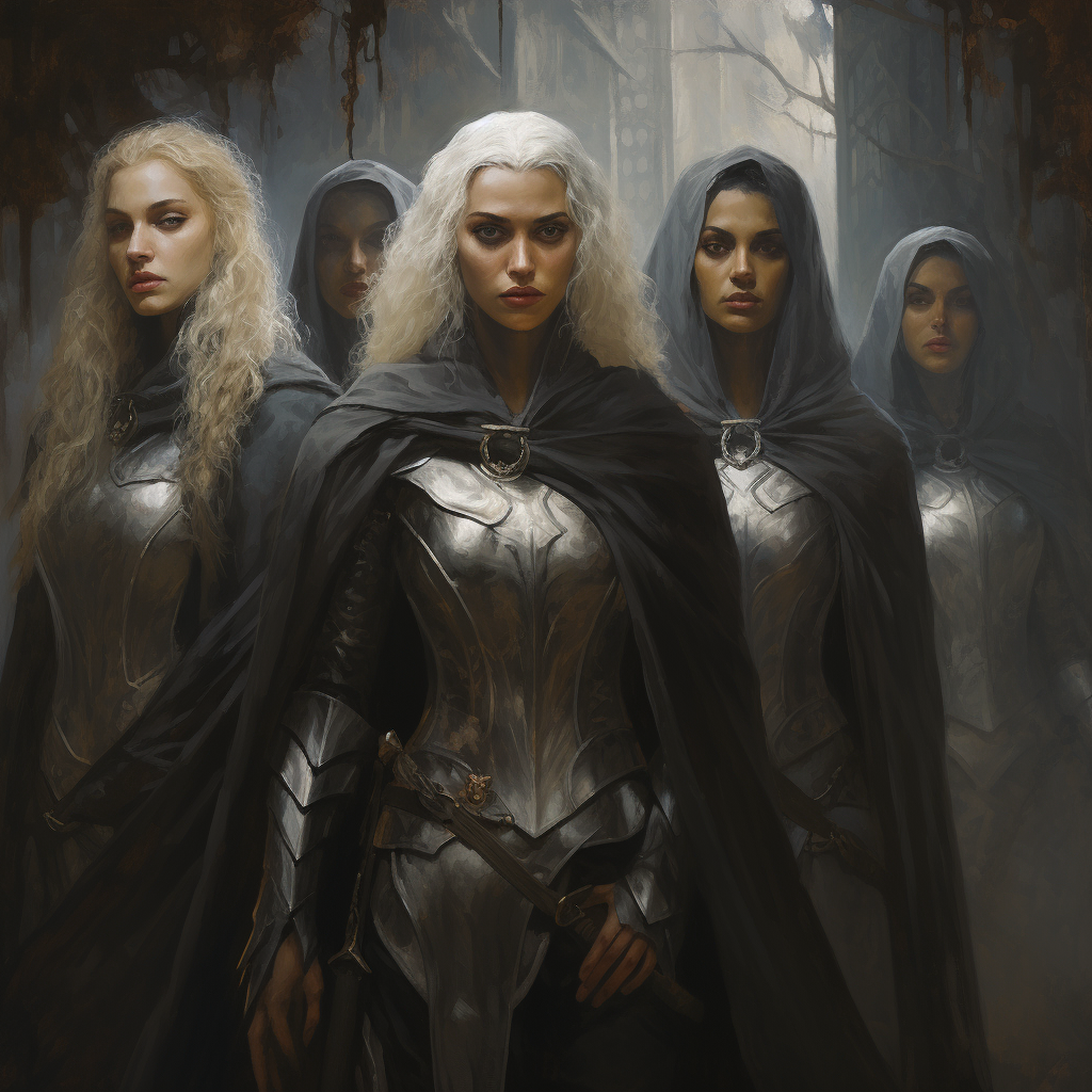 Diverse group of female knights in dark gray cloaks