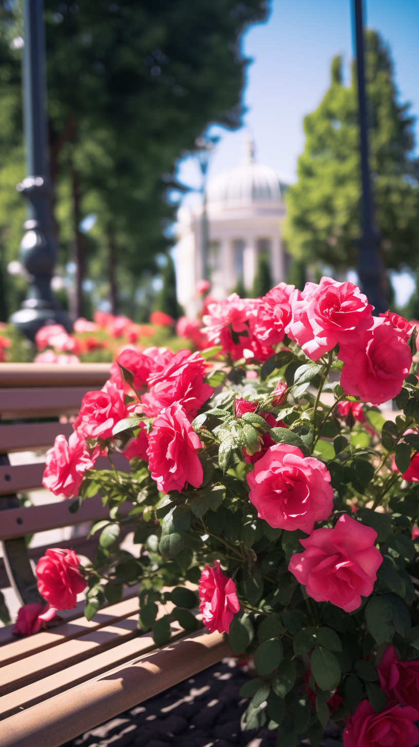 Colorful flowers in square garden with bench