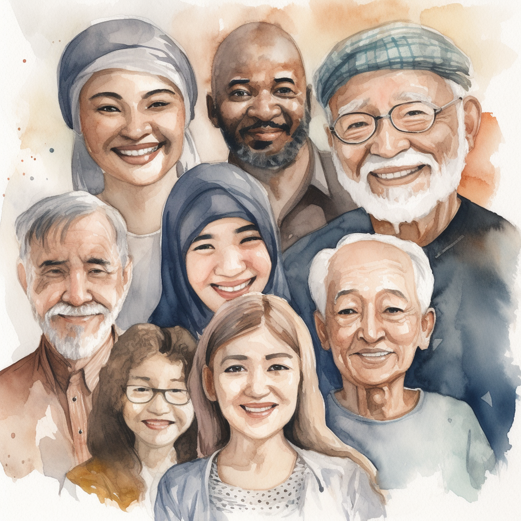 Happy diverse group smiling in watercolor