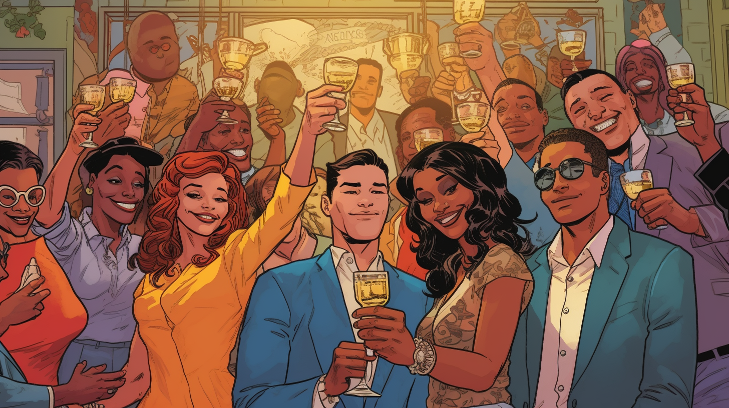 Diverse group toasting at event in comic-style illustration