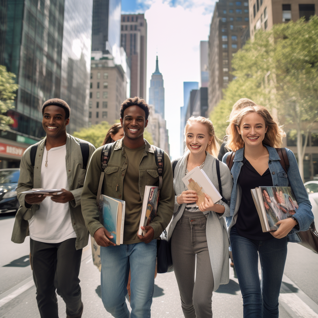 Group of diverse young adults walking in city