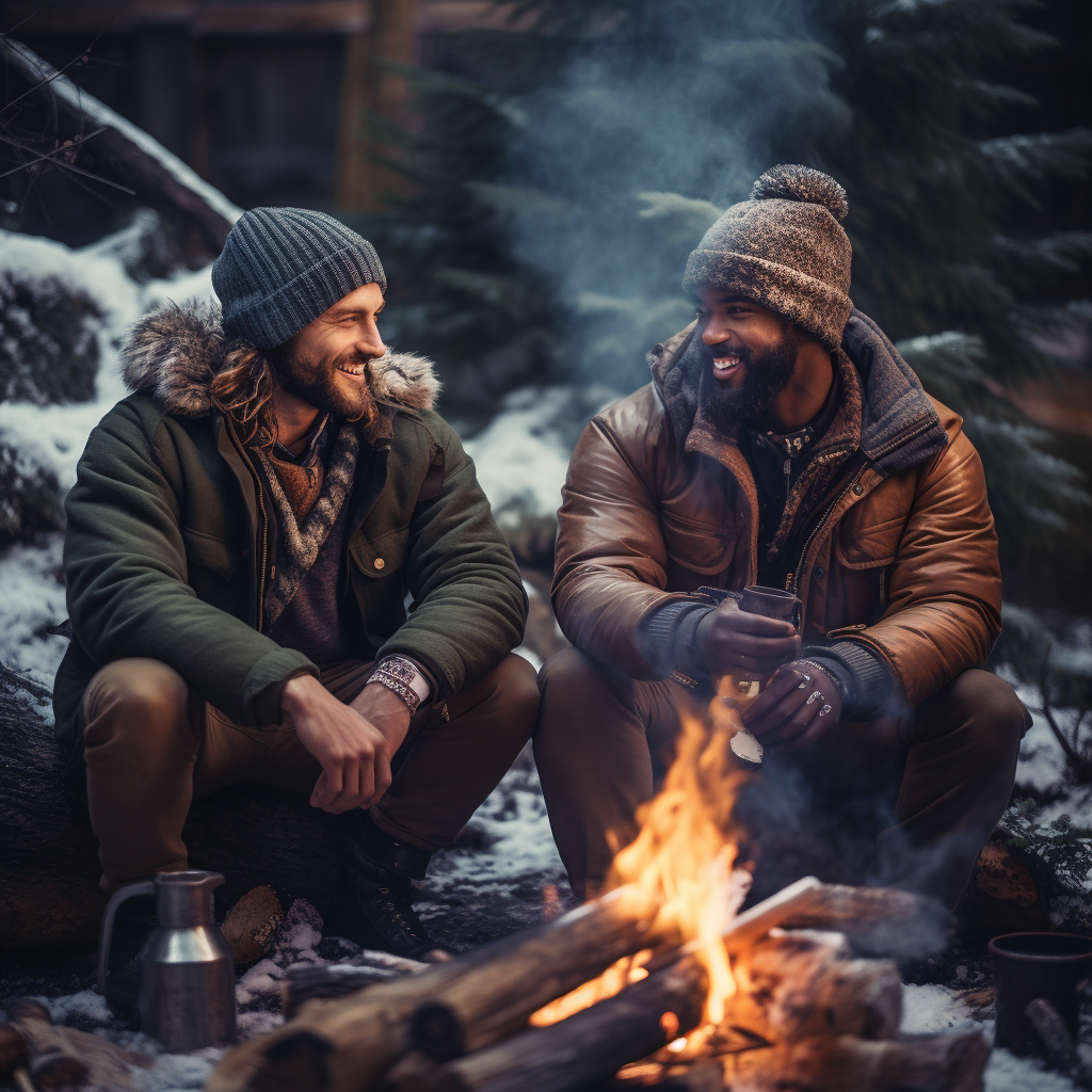 Diverse guys backpacking winter fire coffee