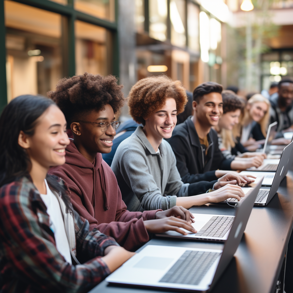 Diverse high school students using logoless Chromebooks