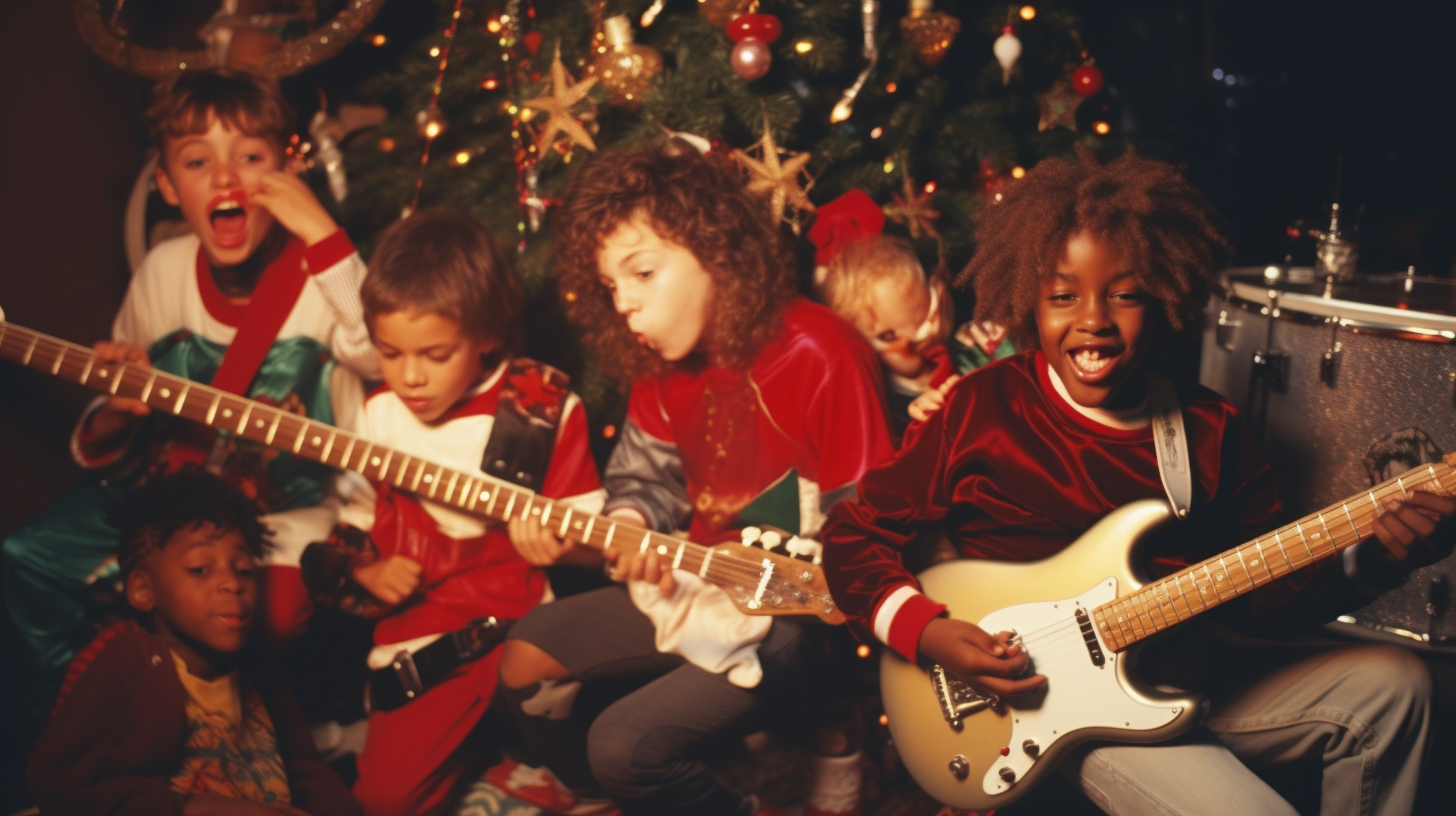 Diverse group of kids playing music at a Christmas party