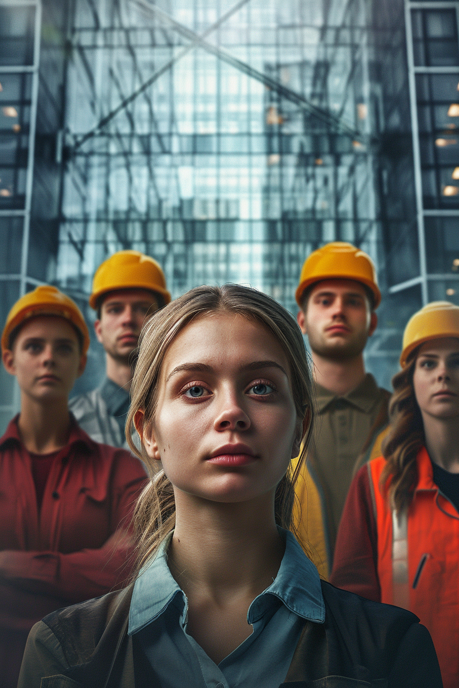 Diverse professional team in front of glass facade