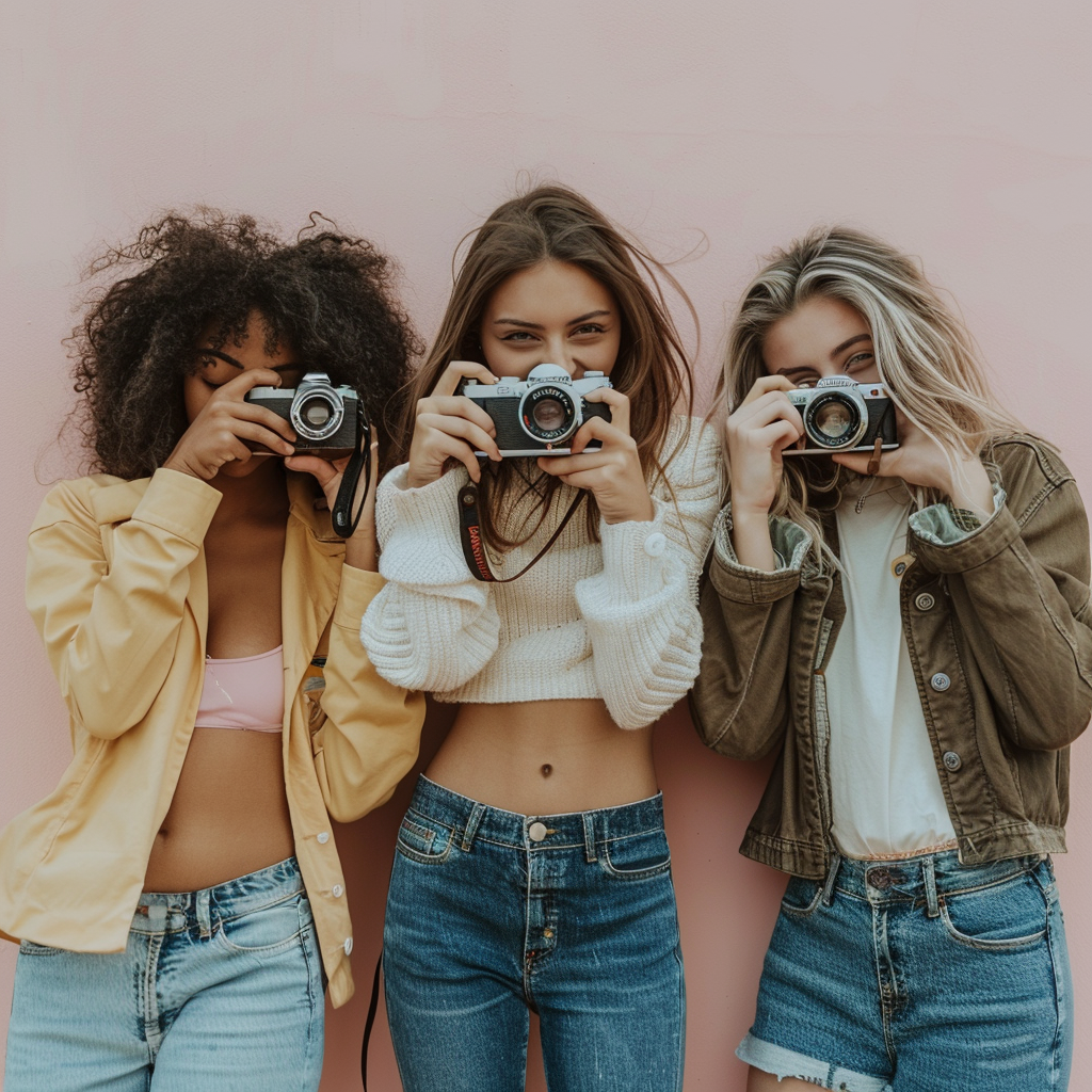 Teenage girls using camera