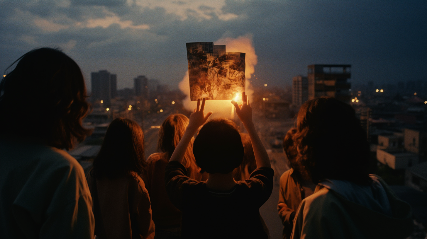 Diverse teenage kids looking over city at dusk