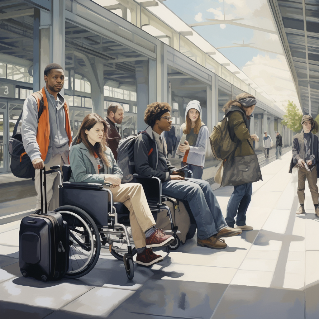 Diverse transit riders with luggage at train station