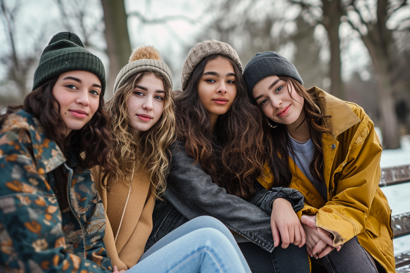 Four diverse young women sitting on park bench in winter