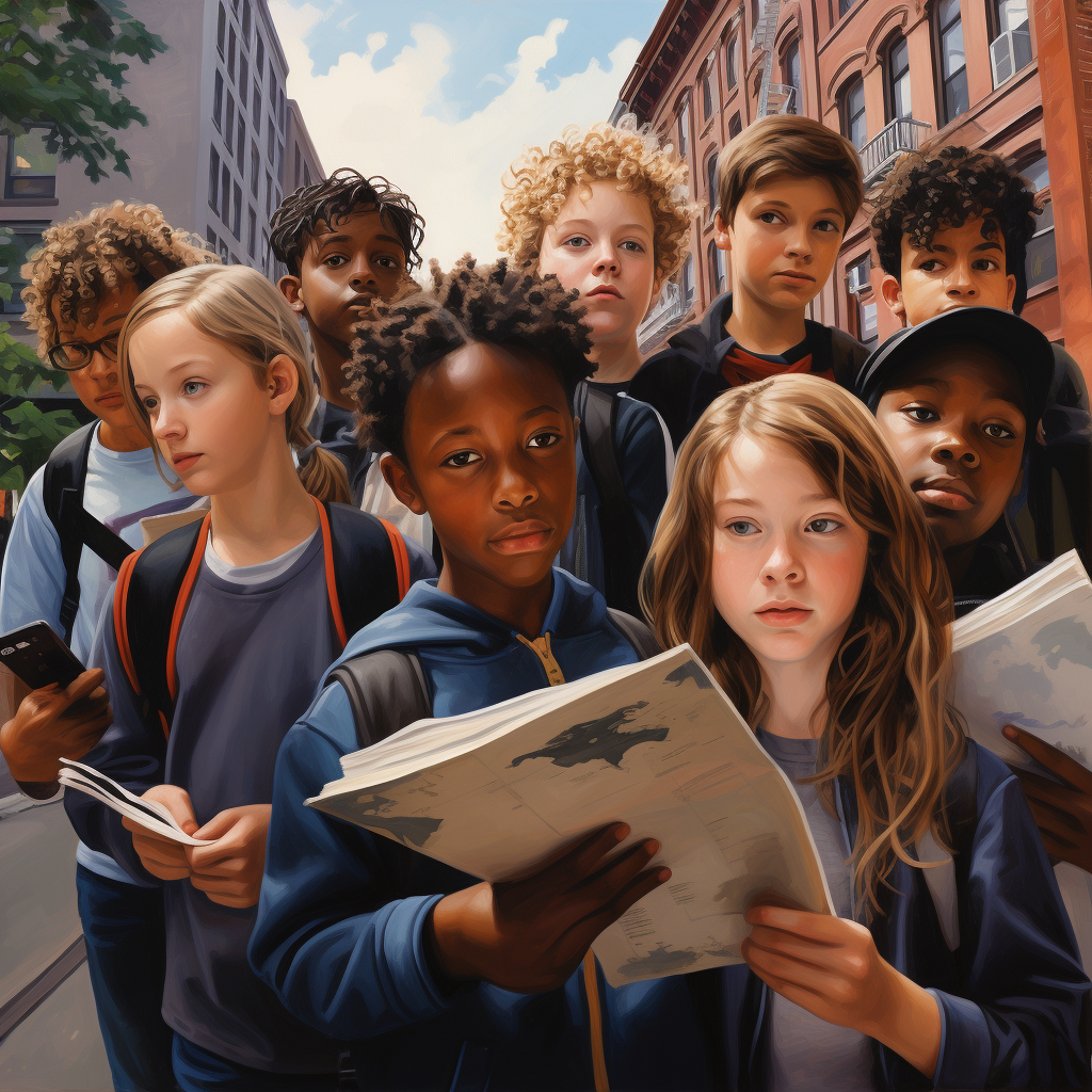 Diverse Children Exploring City with Blue Pamphlets