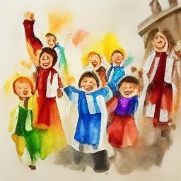 Joyful diverse children celebrating in church