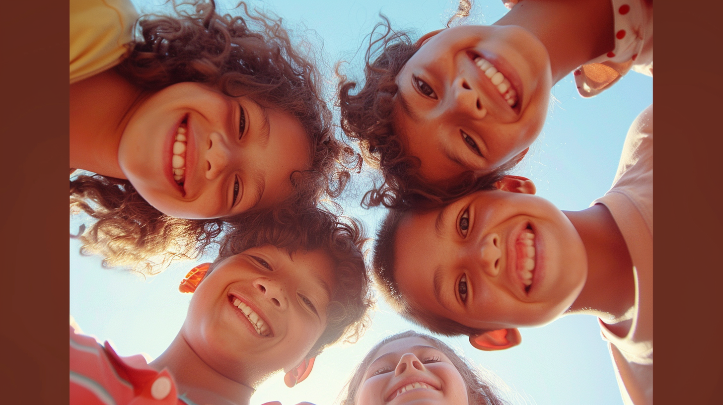 diverse children huddle smiling together