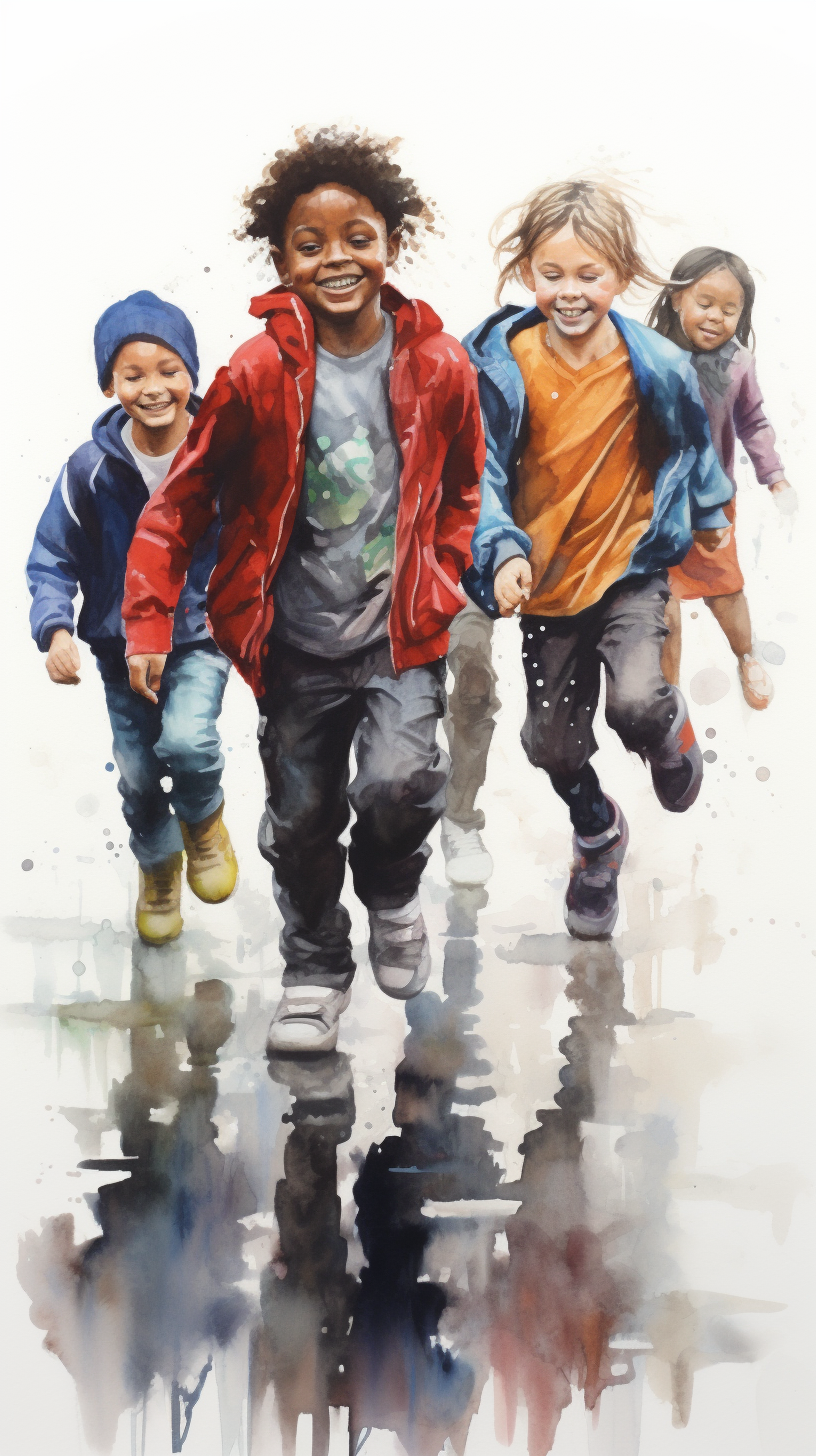 Realistic watercolor painting of diverse children playing football