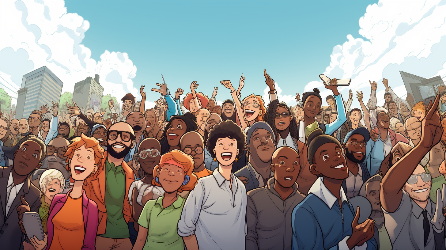 Cartoon illustration of diverse citizens gathering in a square