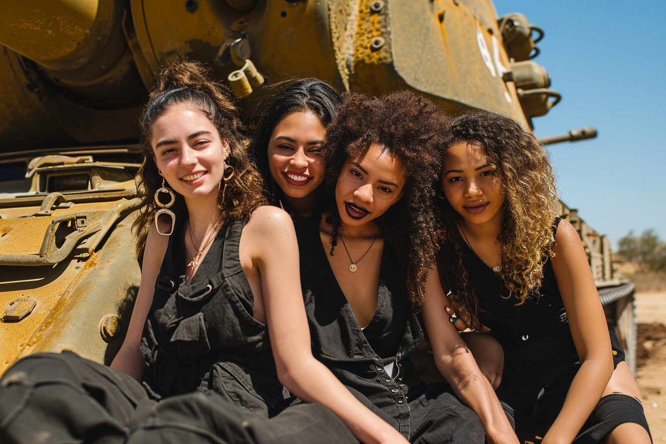 Four diverse Gen Z girls sitting on a WW2 tank