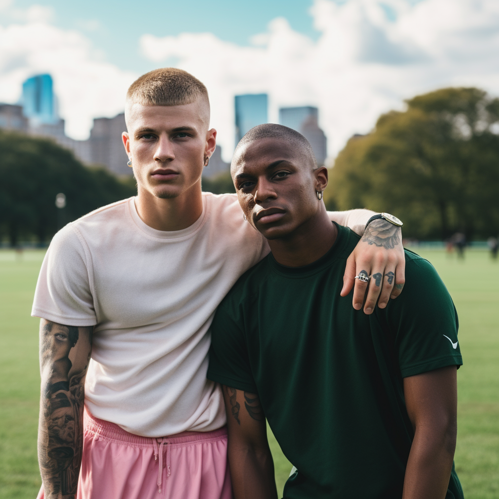 Diverse male couple wrestling in urban park