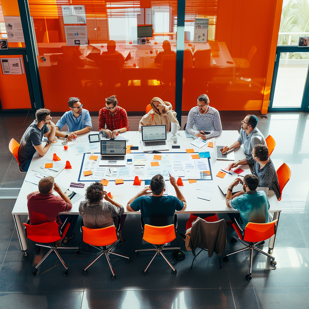 diverse office team discussing slides