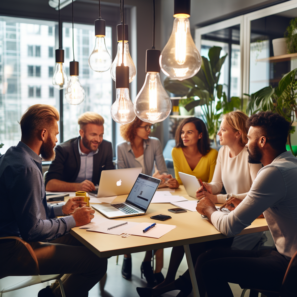 Diverse group brainstorming in bright office