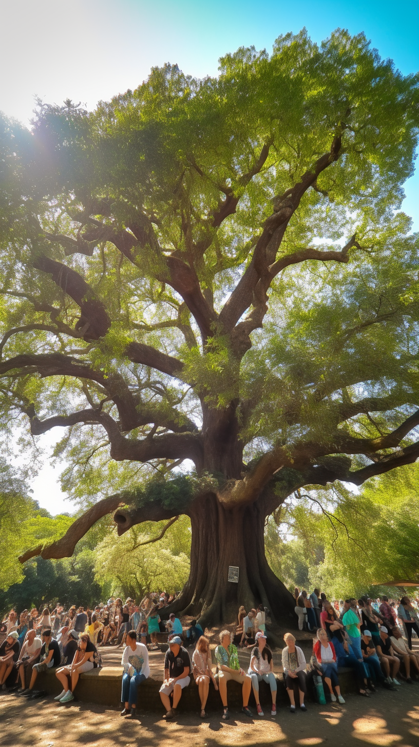 People of diverse ethnicities under oak tree