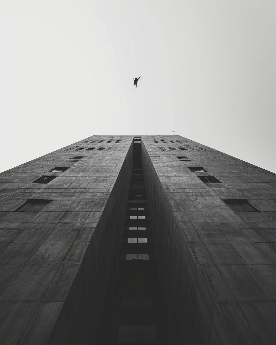 Man diving from monolithic skyscraper at dawn