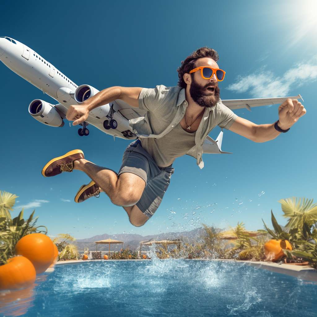 Man drinking beer and swimming in oranges-filled pool