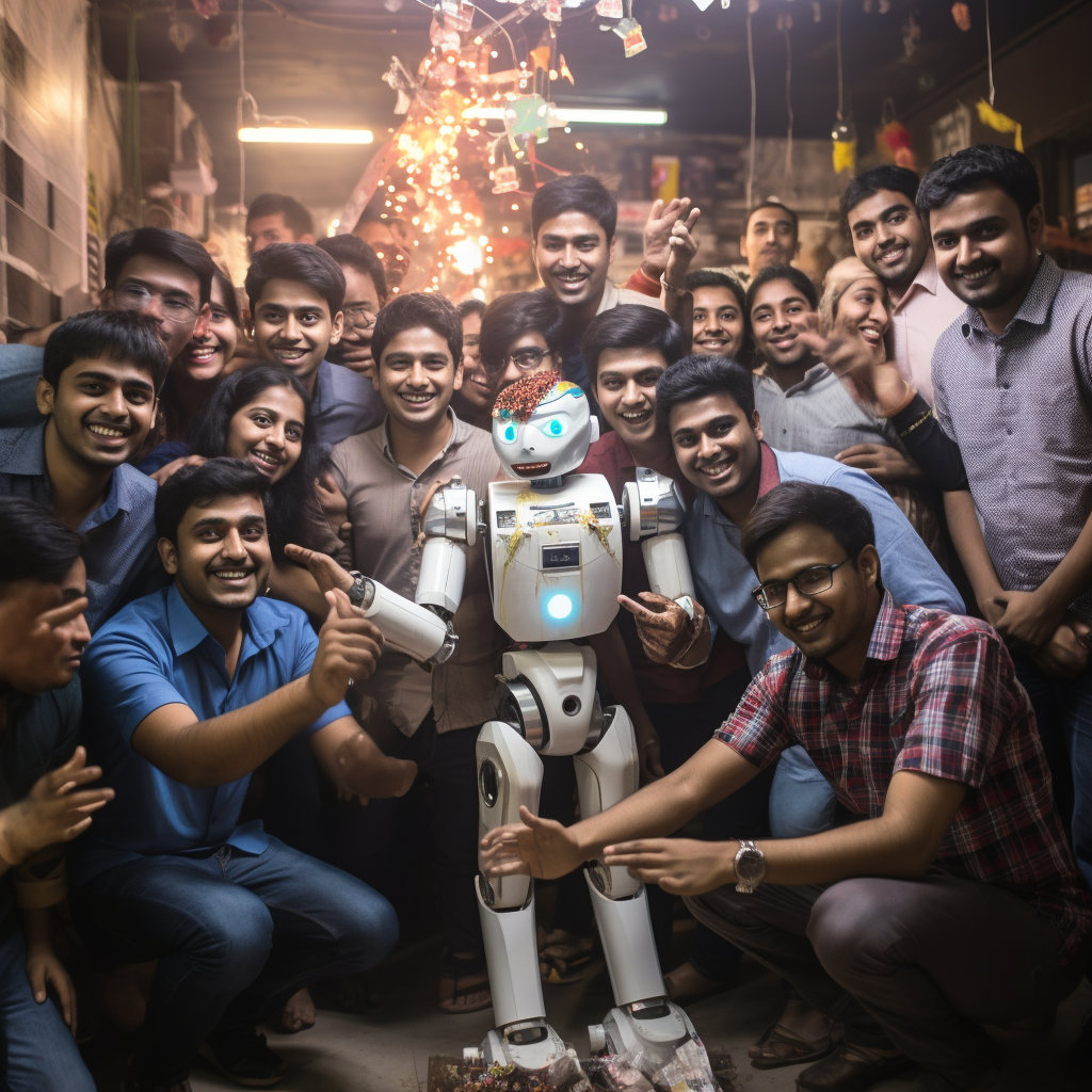 Indian engineering students celebrating Diwali with robots