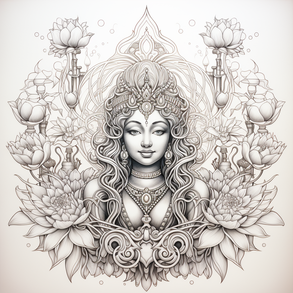 Black pen line drawing of Hindu Diwali Goddess