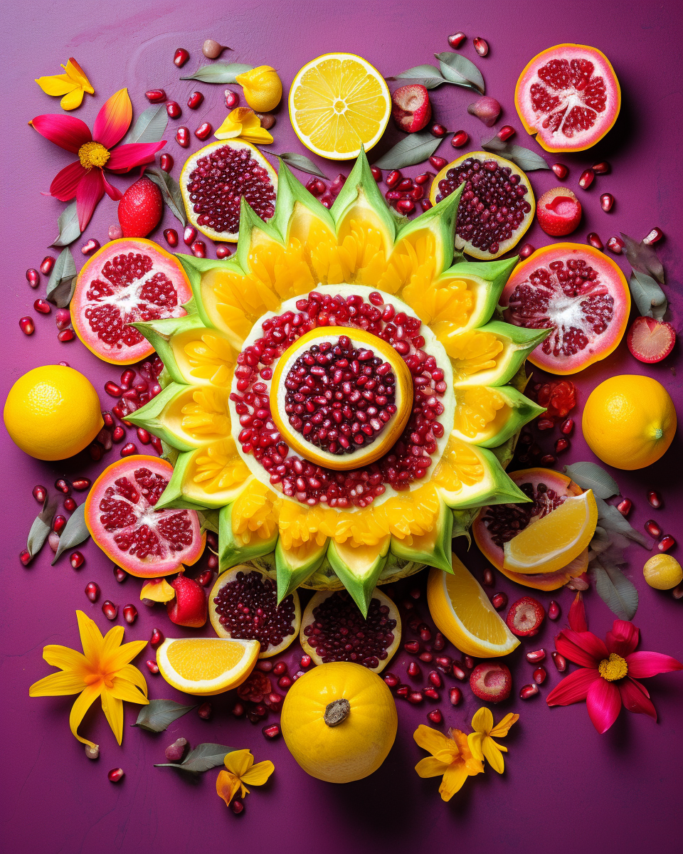 Colorful Diwali Mandala with Mango, Pomegranate, and Dragon Fruit Seeds